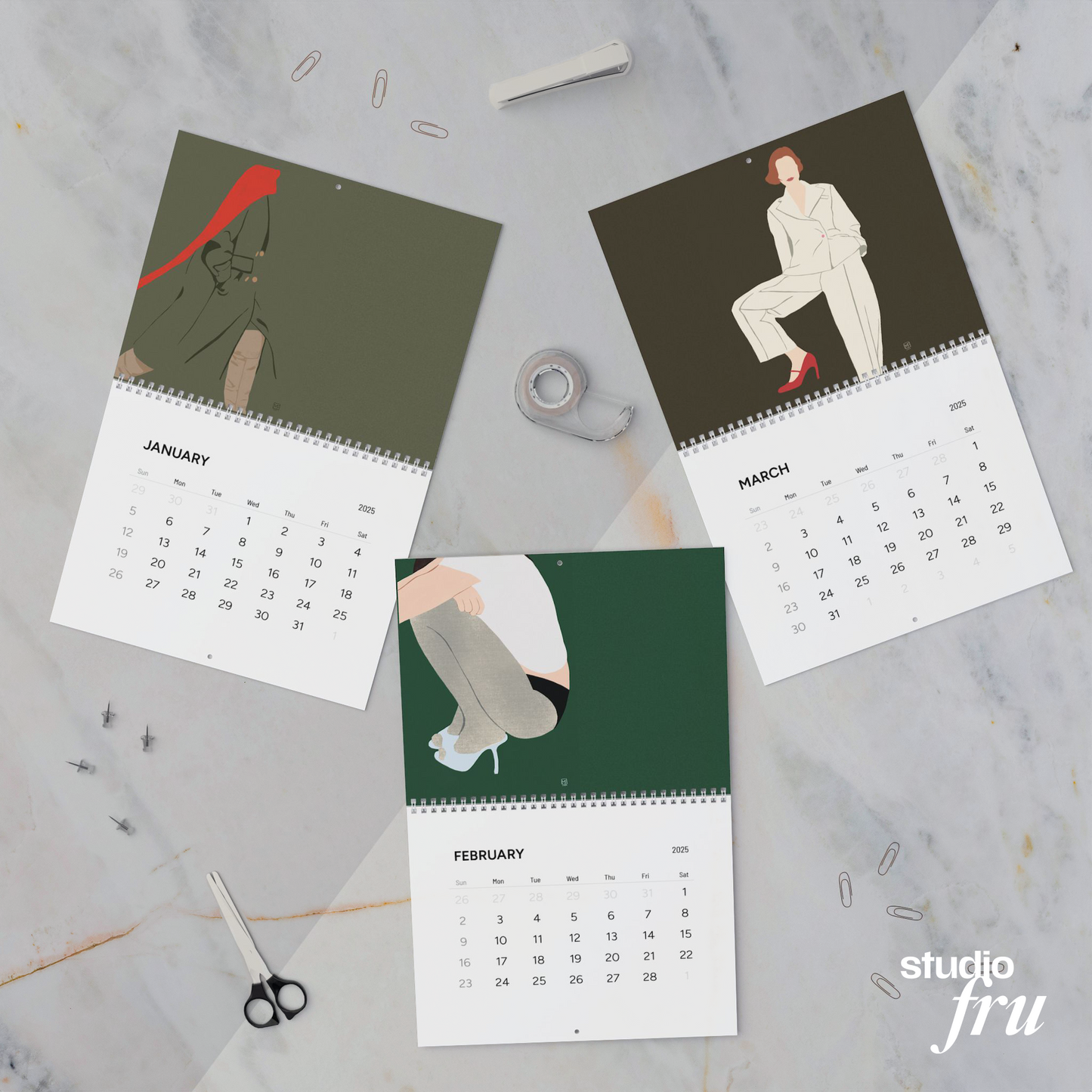 2025 Wall Calendar with 12 Unique Fashion Illustrations