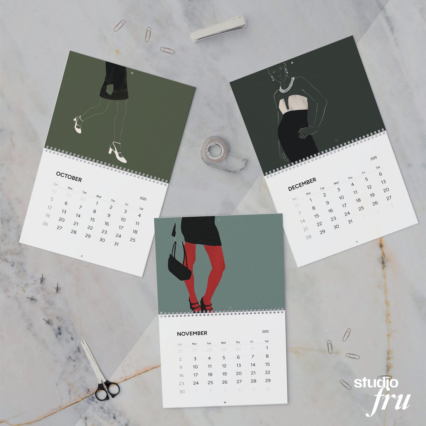 2025 Wall Calendar with 12 Unique Fashion Illustrations